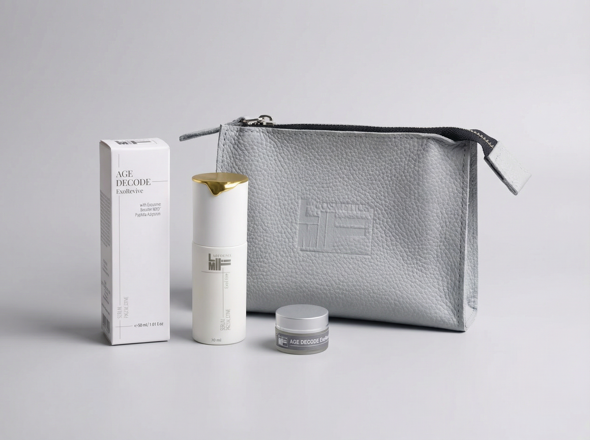 Набір Age Decode ExoRevive Serum з міні-сироваткою та сірою косметичкою LiMiTi