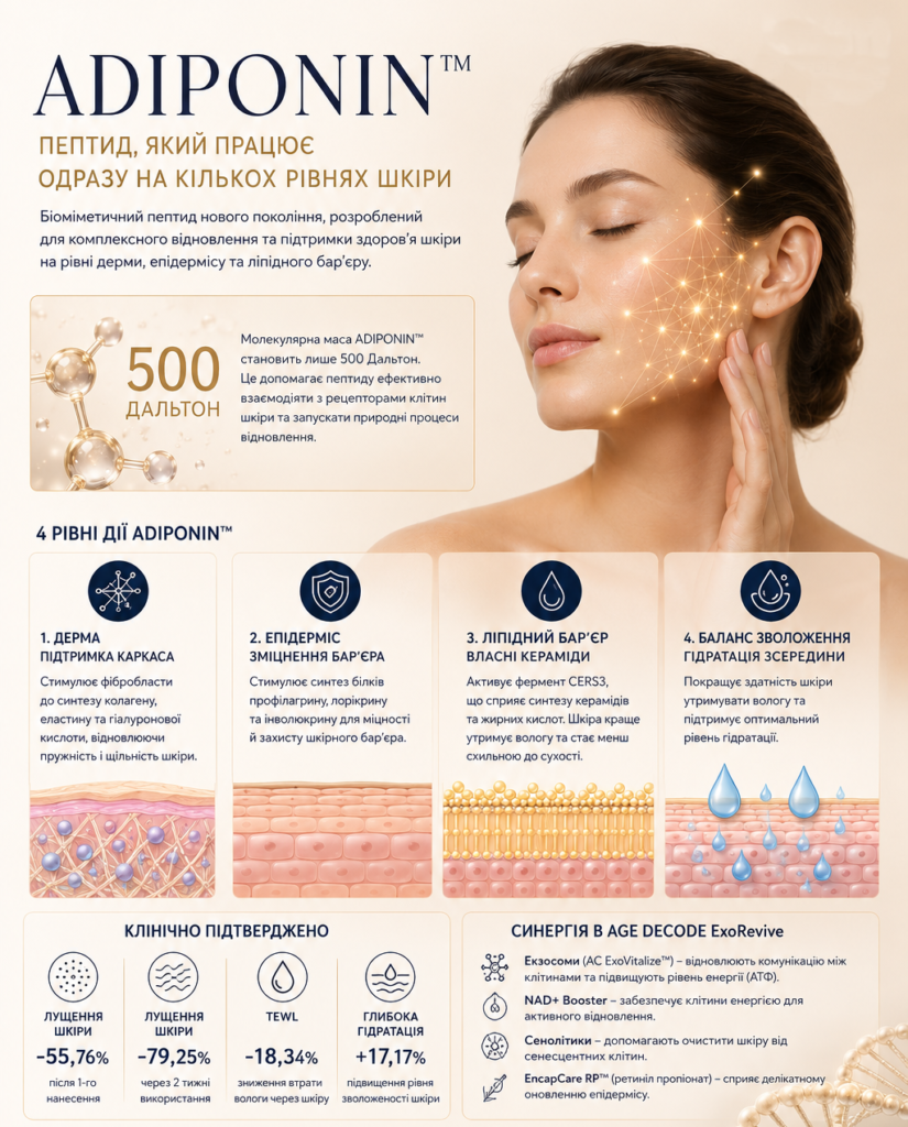 ADIPONIN™: один пептид, чотири рівні відновлення шкіри — AGE DECODE ExoRevive, Skin Longevity Series